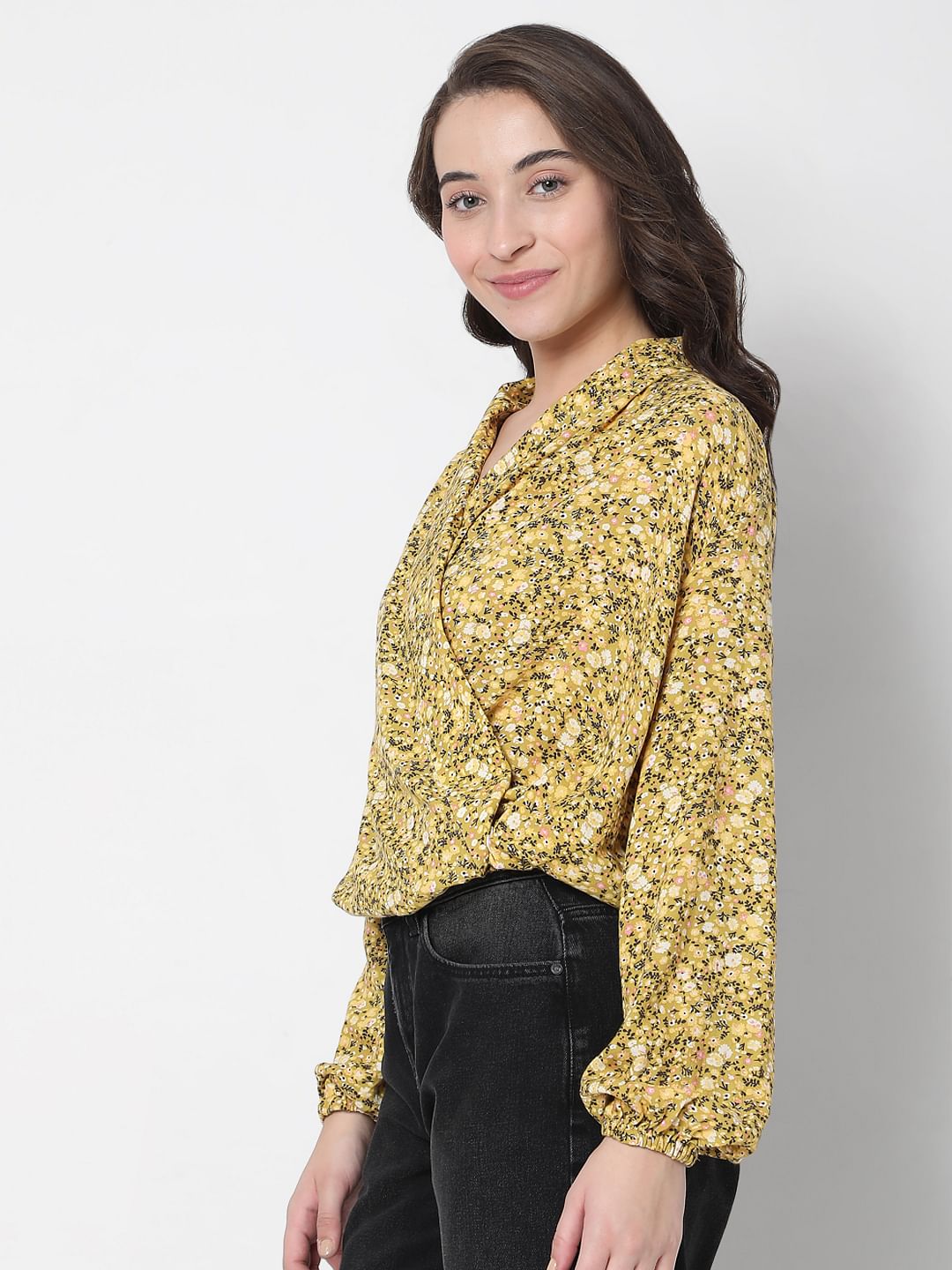 Yellow Floral Wrap Top