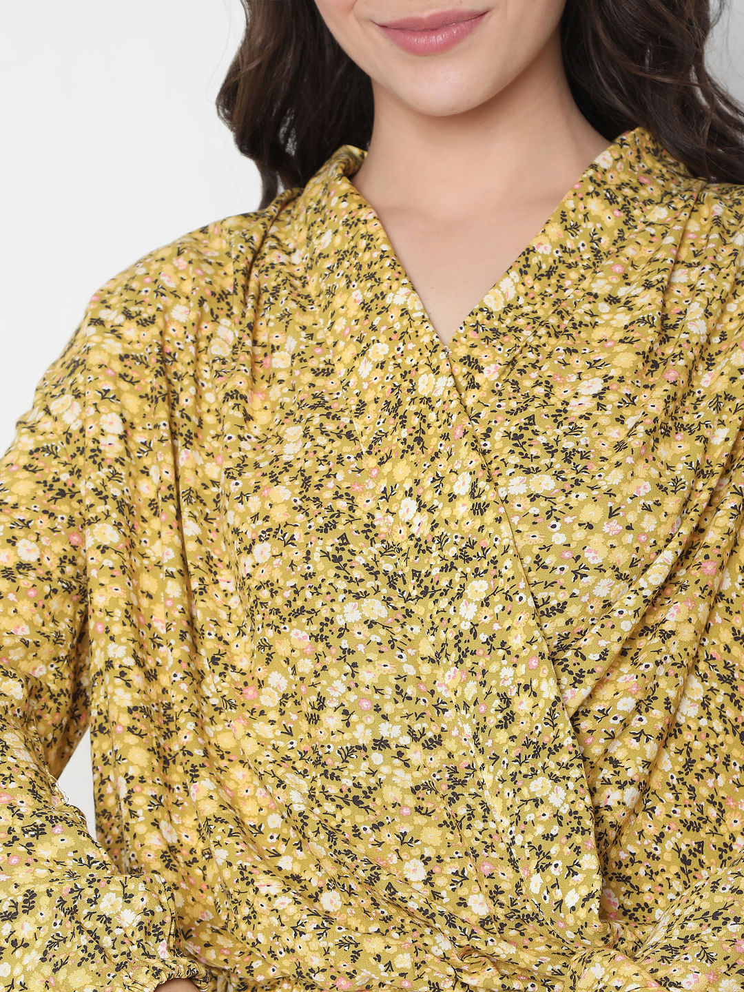 Yellow Floral Wrap Top