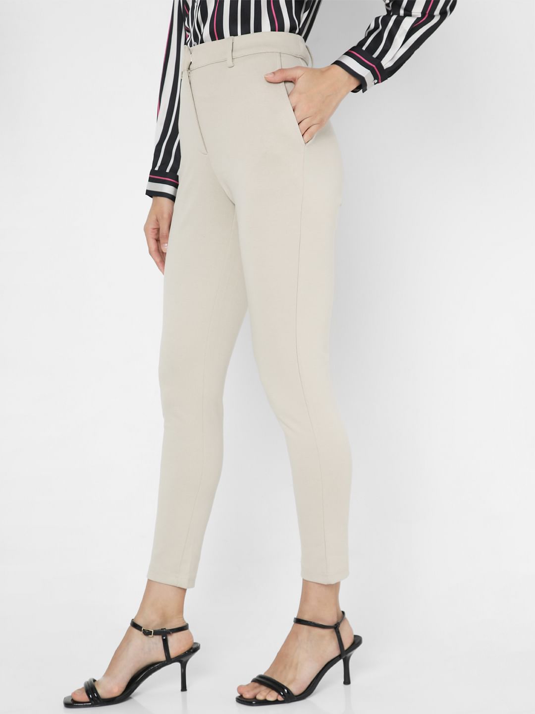 Beige High Rise Tapered Pants