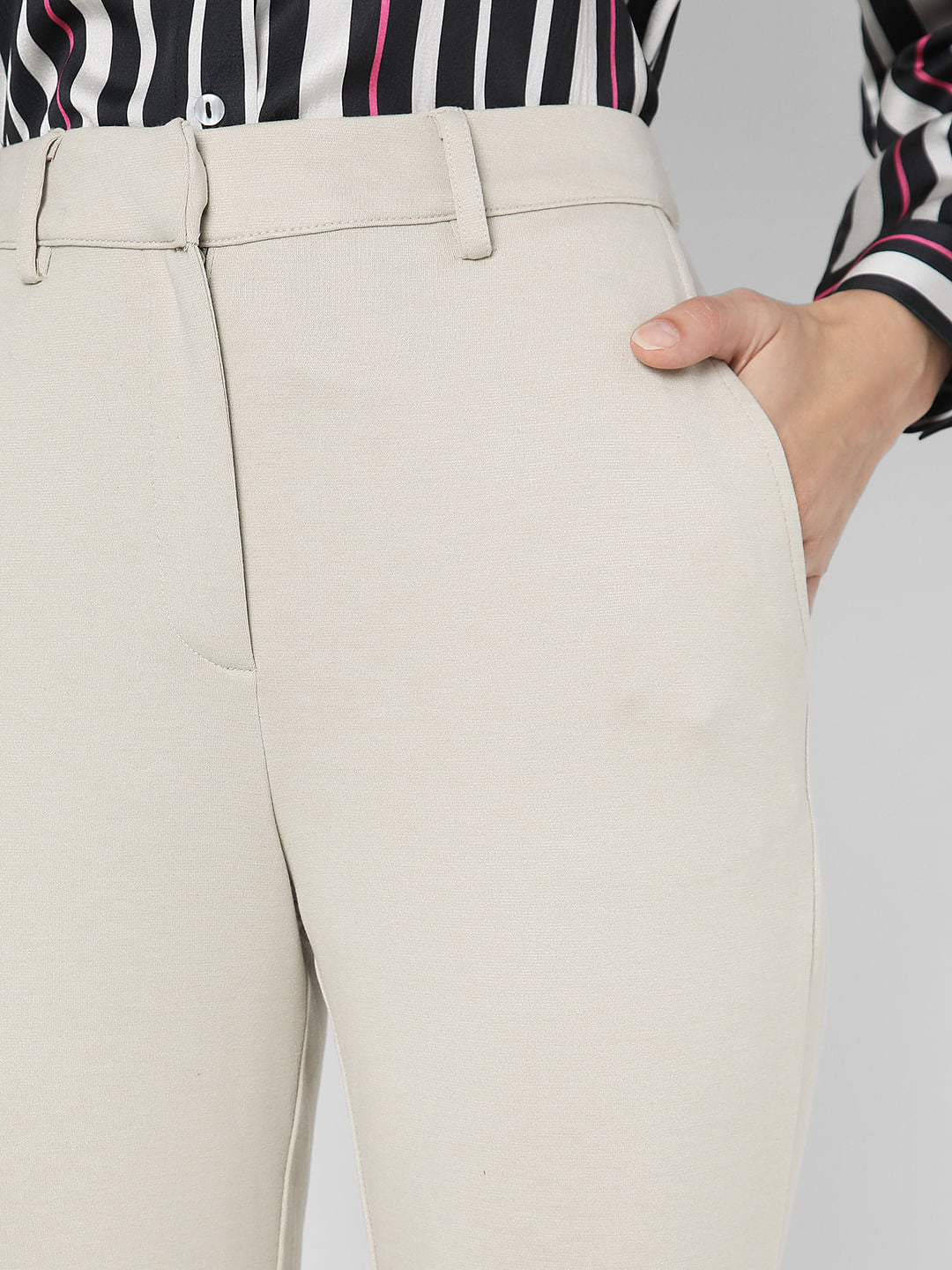Beige High Rise Tapered Pants