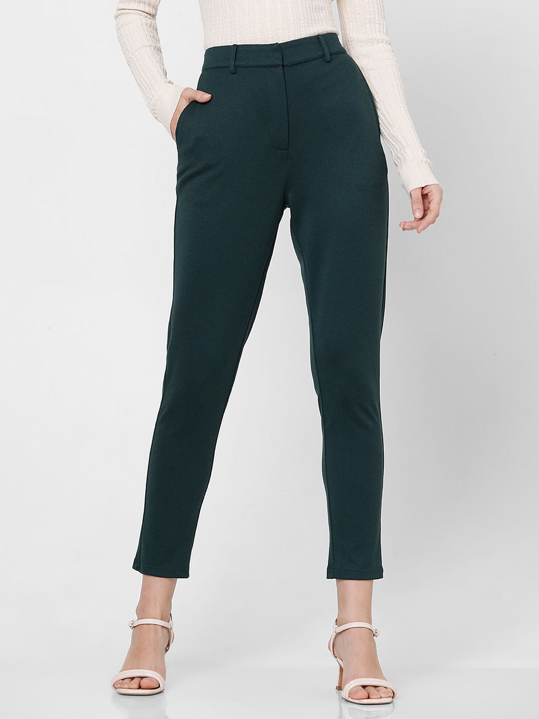 Dark Green Mid Rise Tailored Trousers