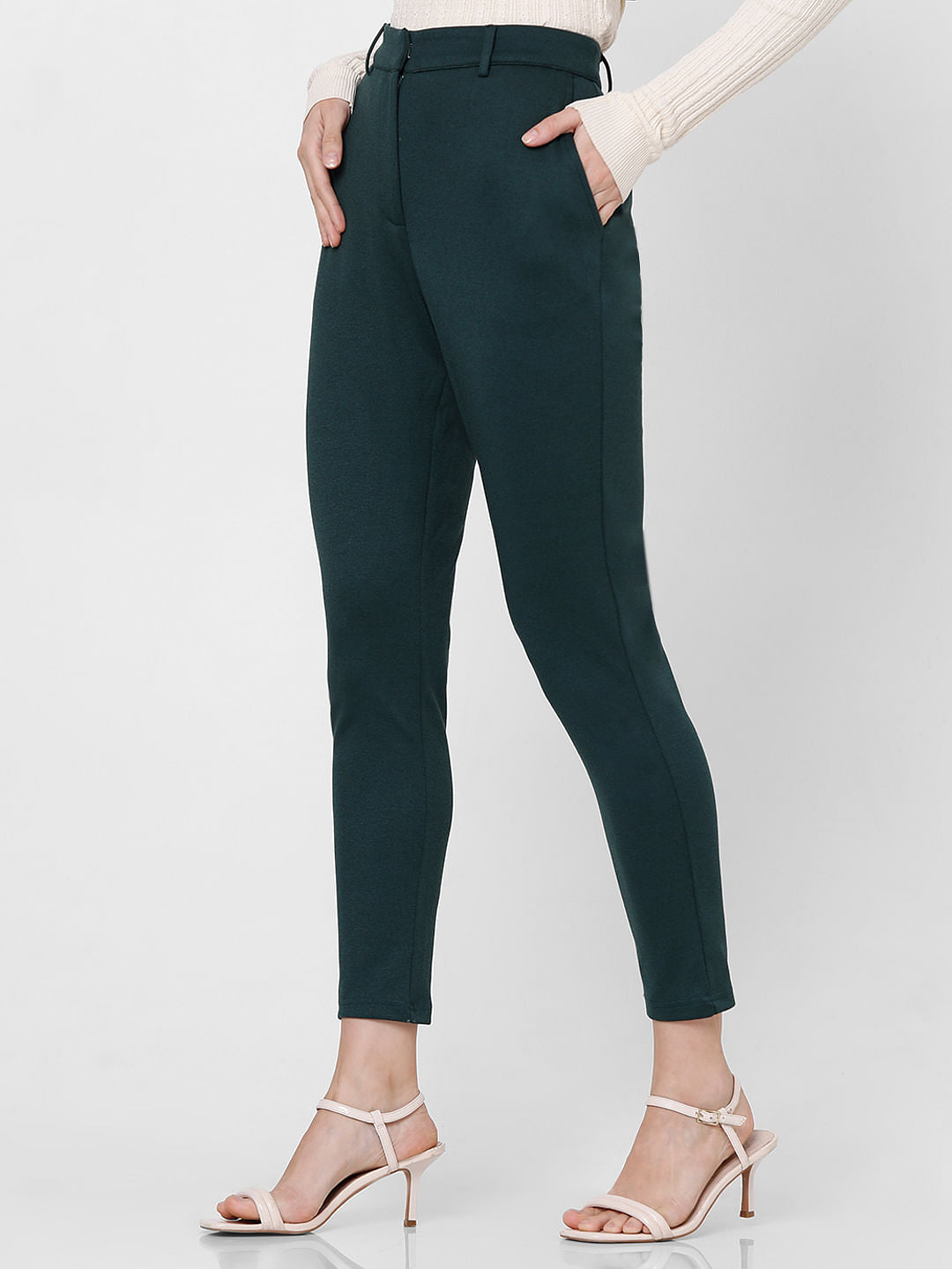 Dark Green Mid Rise Tailored Trousers