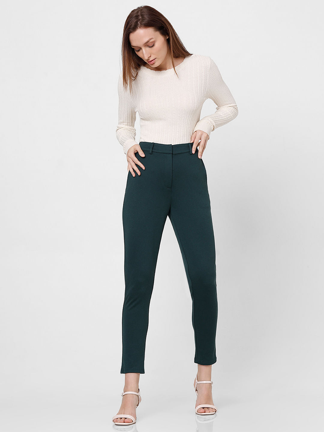 Dark Green Mid Rise Tailored Trousers