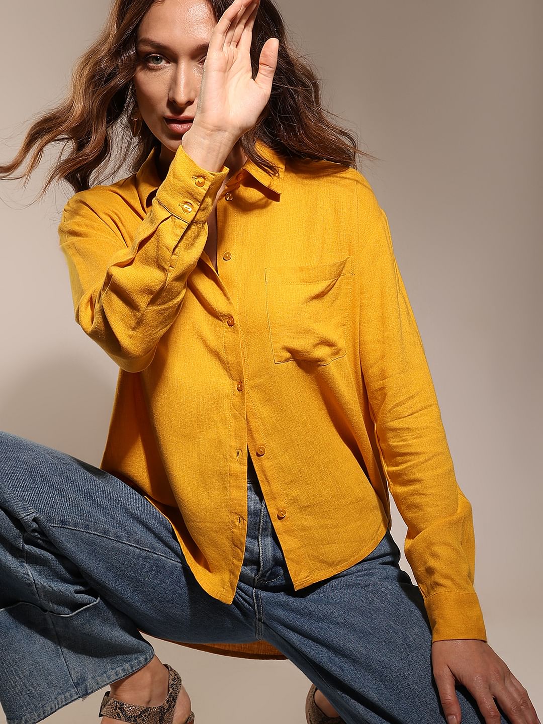 Yellow Linen Regular Fit Shirt