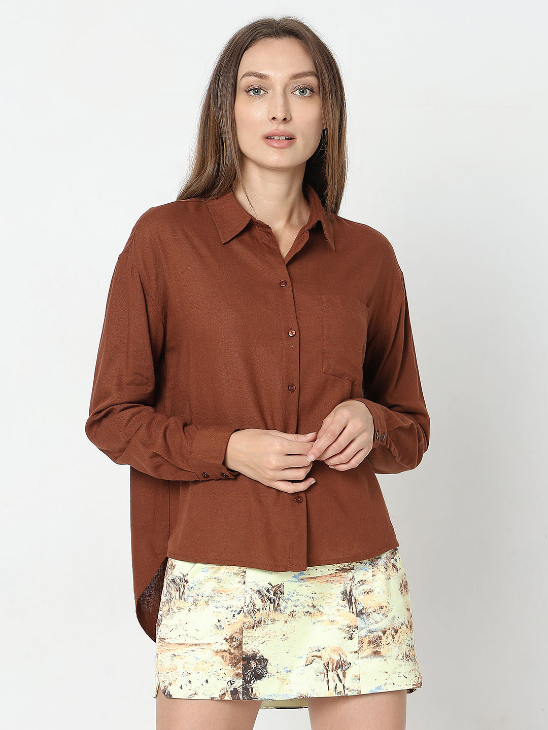 Dark Brown Linen Regular Fit Shirt