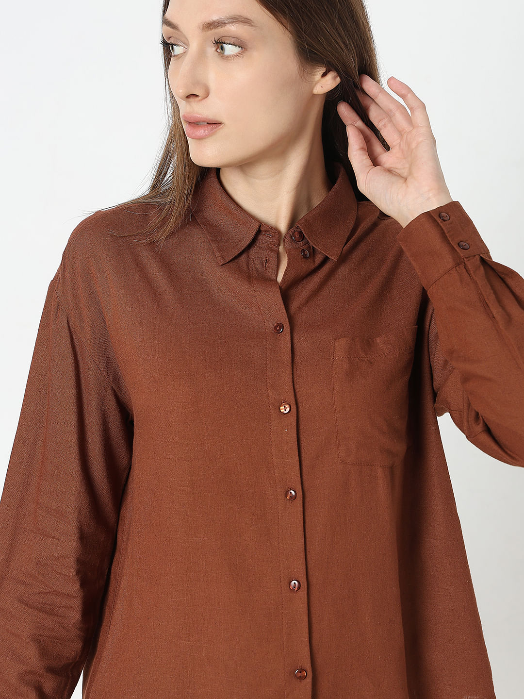 Dark Brown Linen Regular Fit Shirt