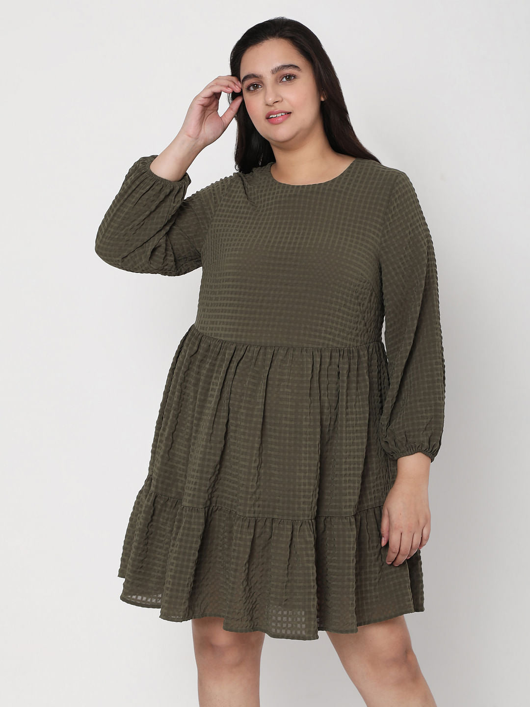 Curve Green Textured Tiered Dress