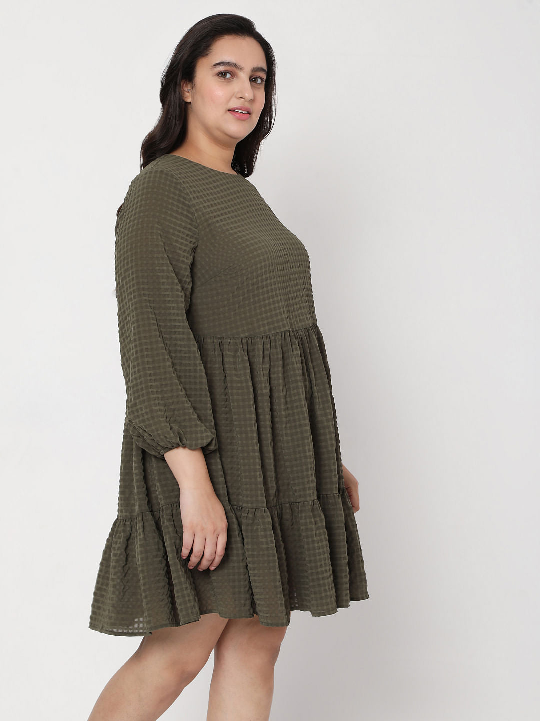 Curve Green Textured Tiered Dress