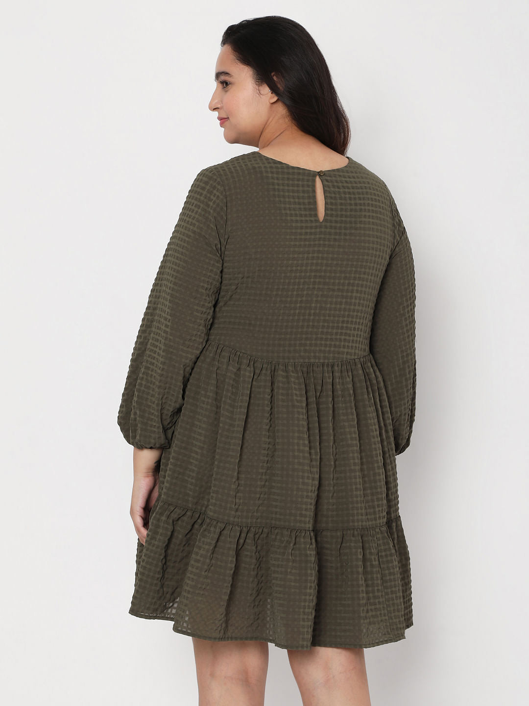 Curve Green Textured Tiered Dress