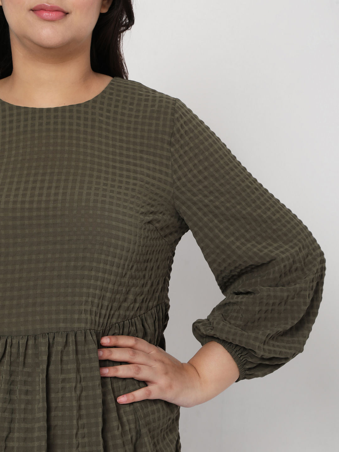 Curve Green Textured Tiered Dress