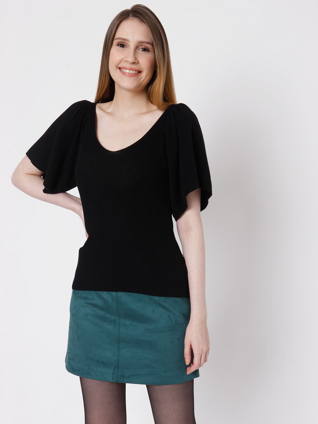 Black Flutter Sleeves Knit Top