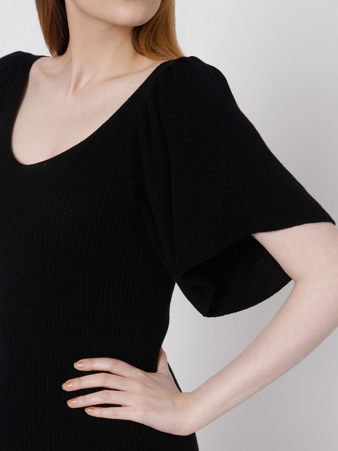 Black Flutter Sleeves Knit Top