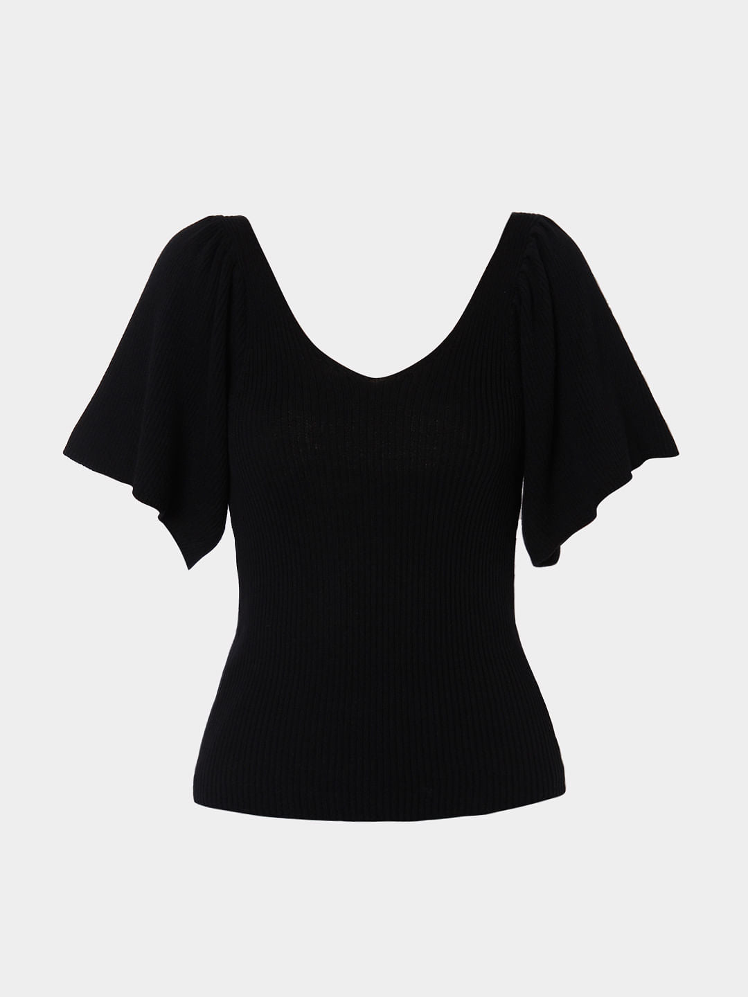 Black Flutter Sleeves Knit Top