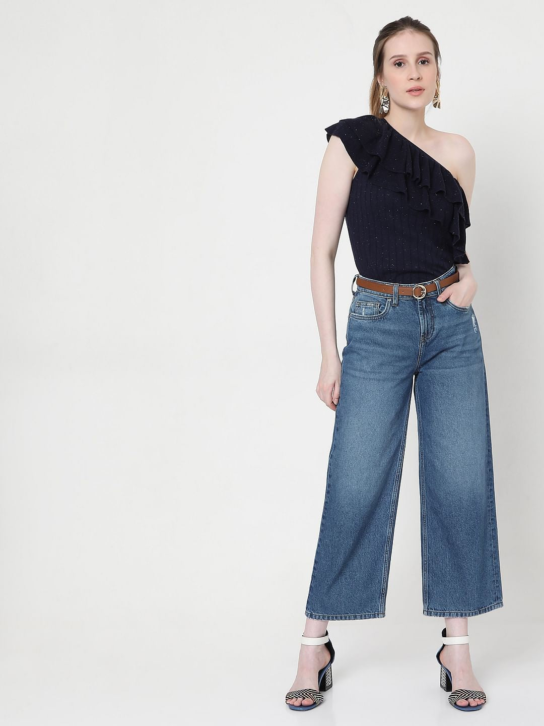 Dark Blue One Shoulder Knit Top