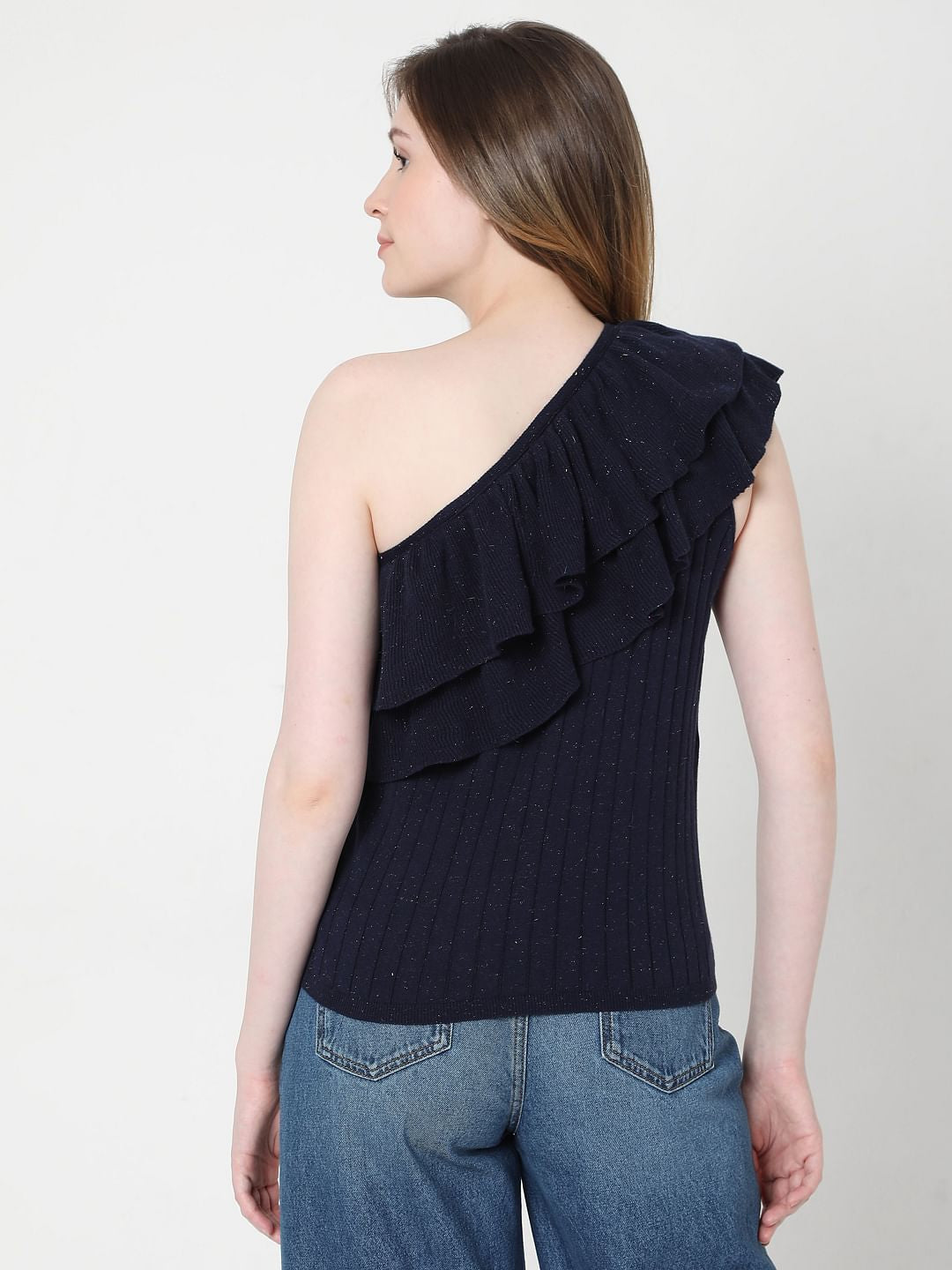 Dark Blue One Shoulder Knit Top