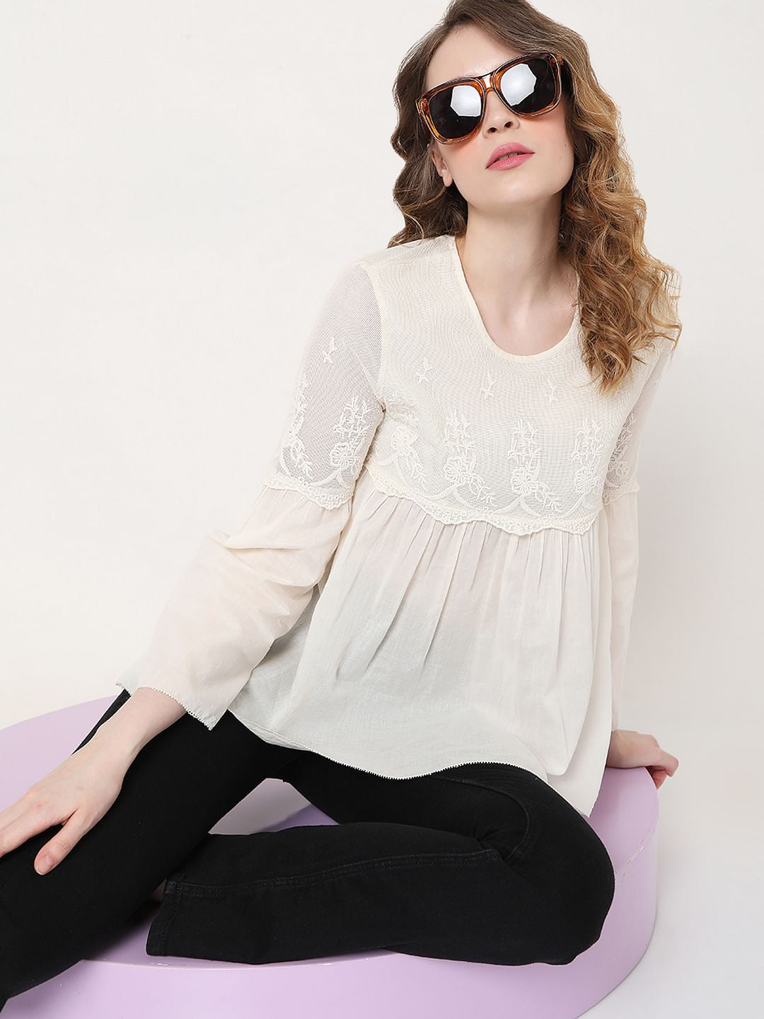 Off-White Embroidered Mesh Peplum Top