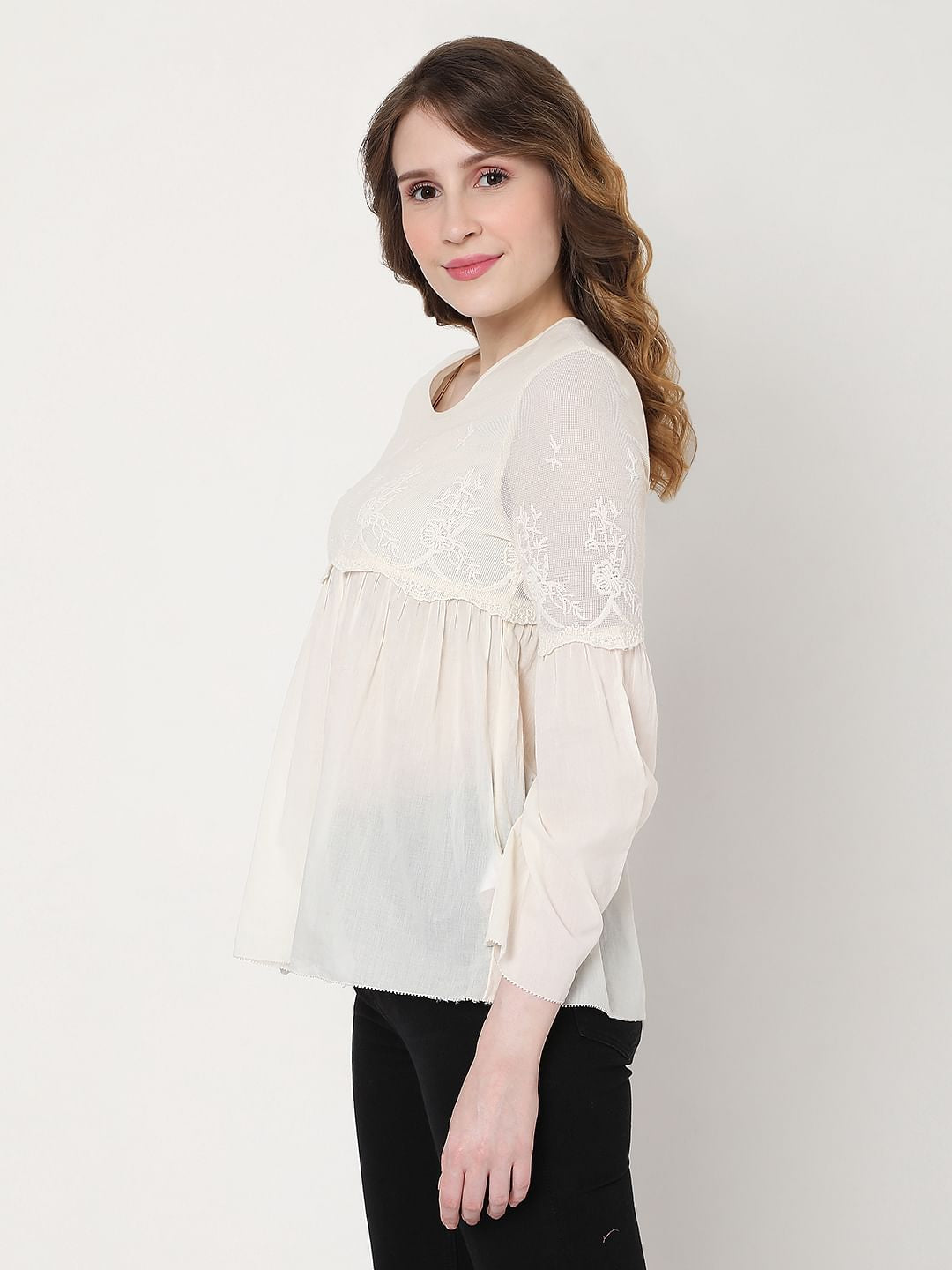 Off-White Embroidered Mesh Peplum Top