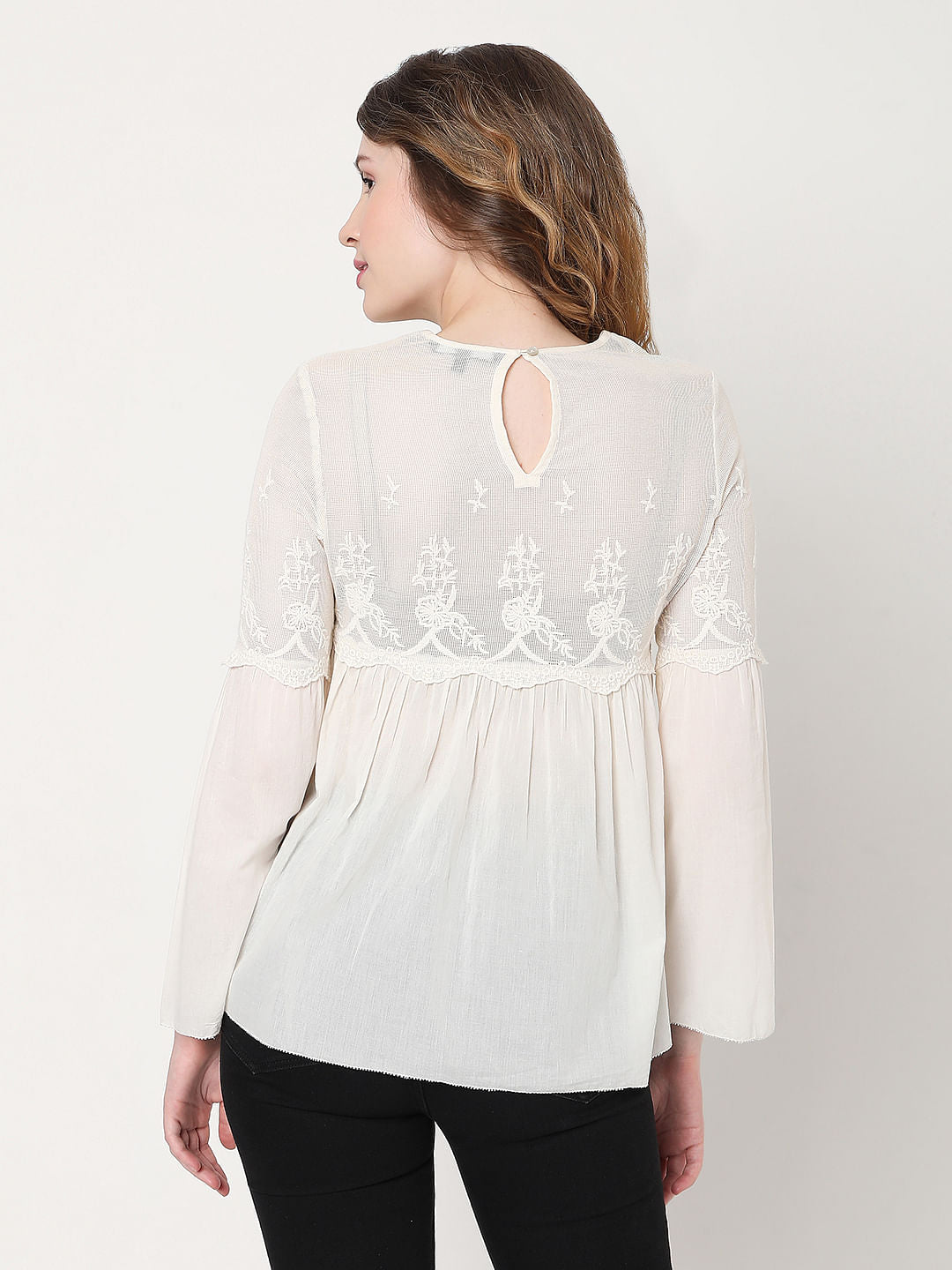Off-White Embroidered Mesh Peplum Top
