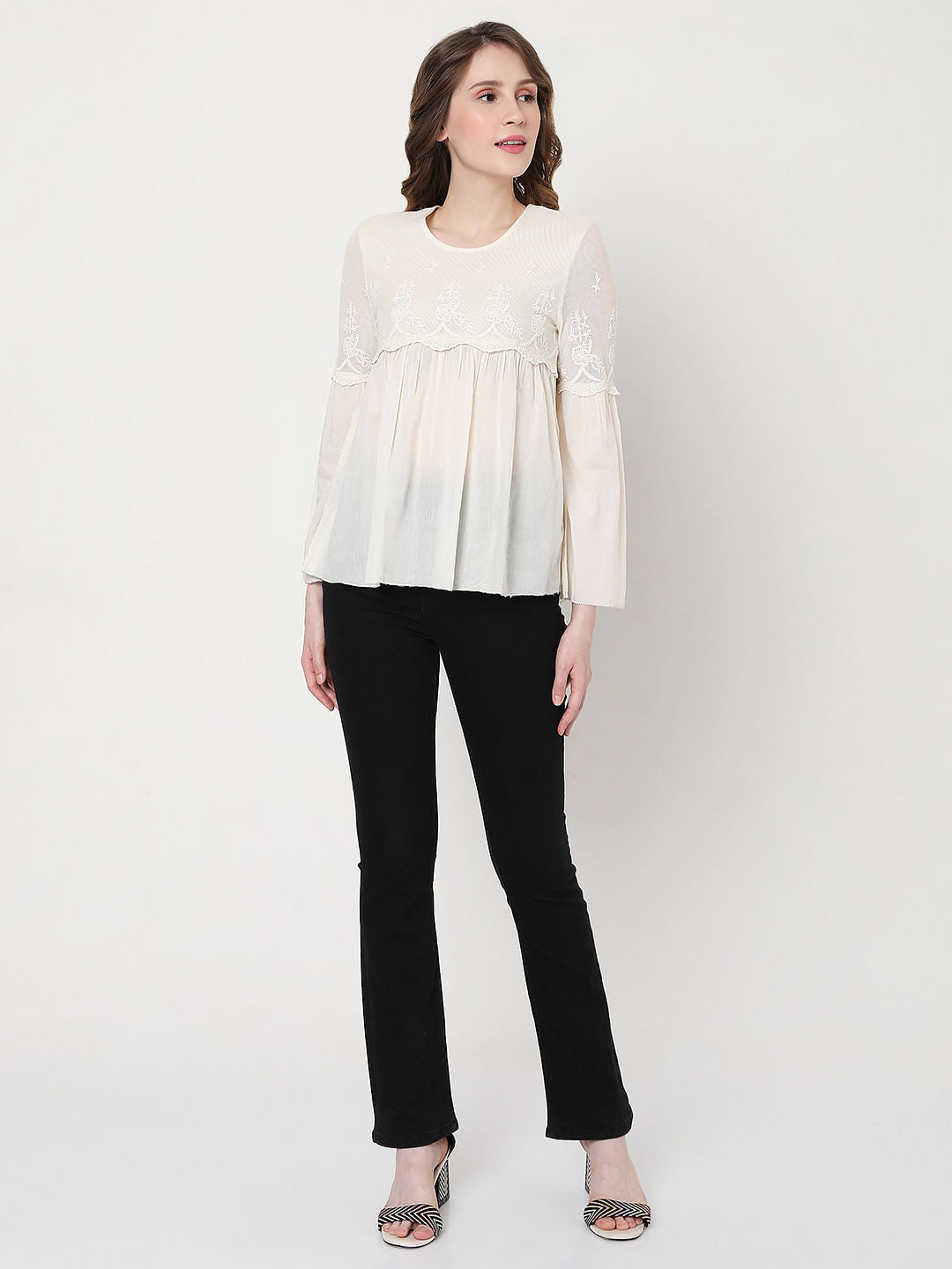 Off-White Embroidered Mesh Peplum Top