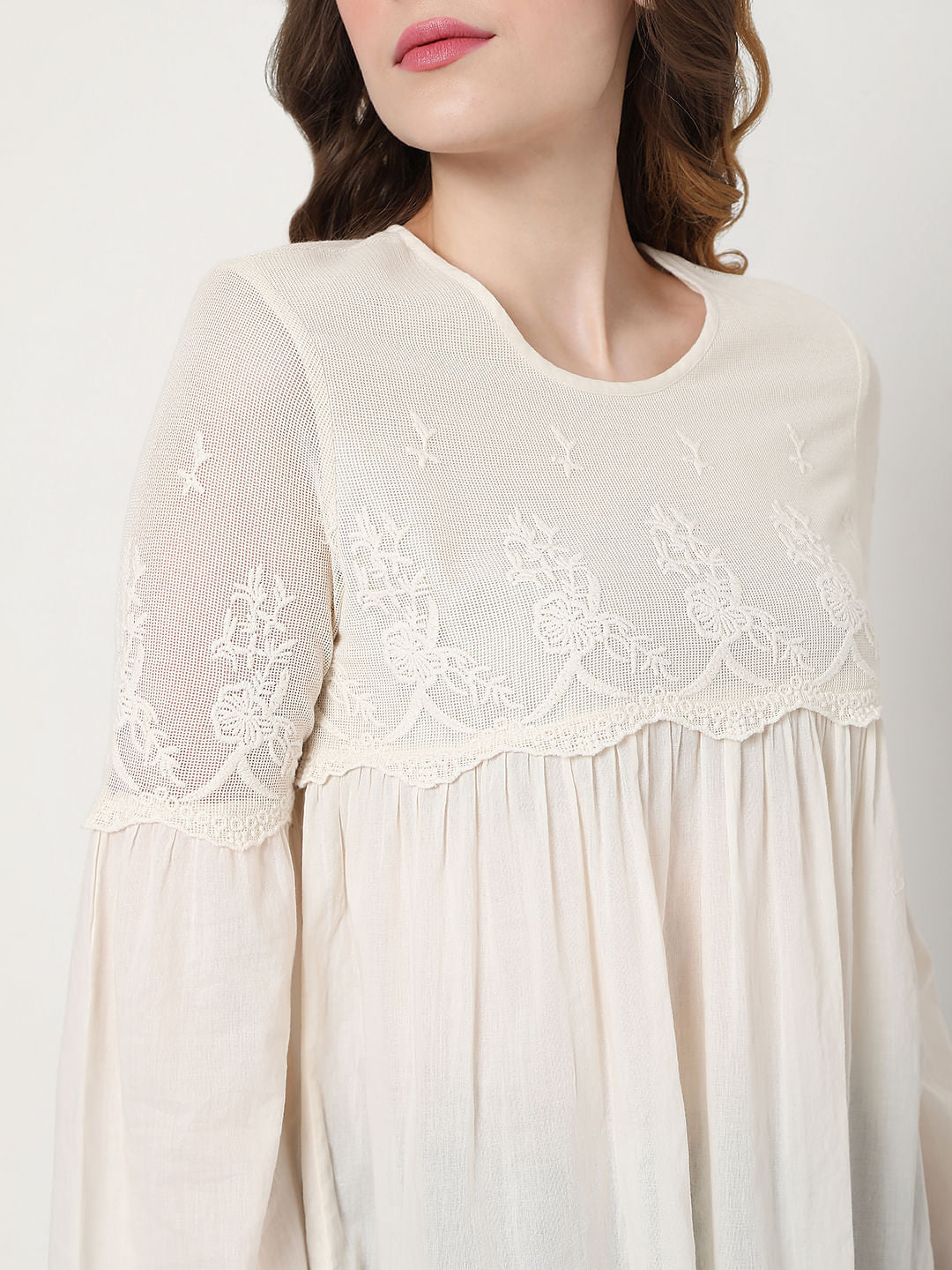 Off-White Embroidered Mesh Peplum Top