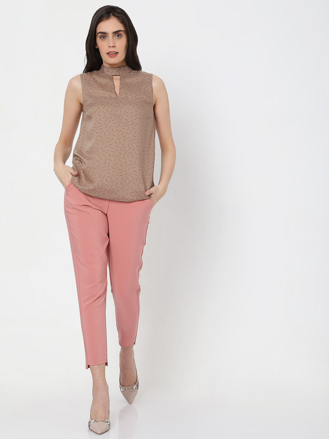 Dark Beige Abstract Print Top
