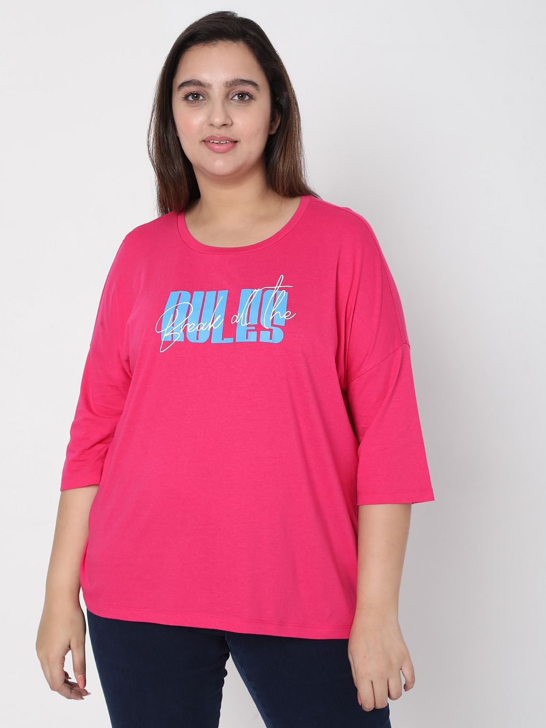 Curve Pink Slogan Print T-Shirt