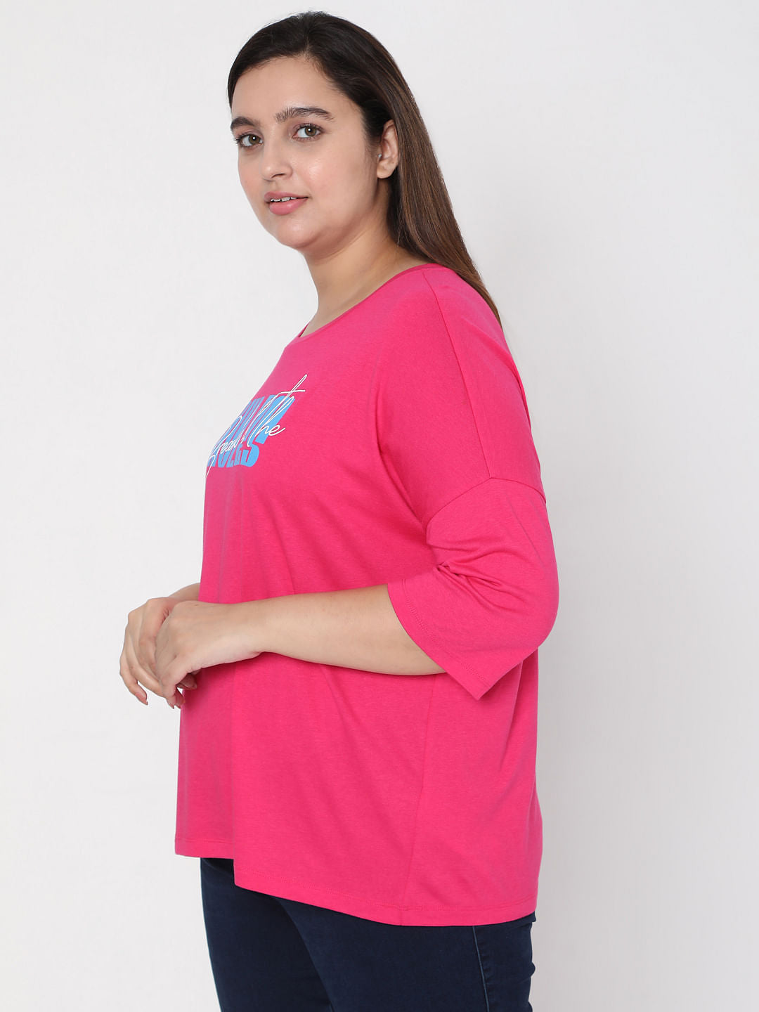 Curve Pink Slogan Print T-Shirt