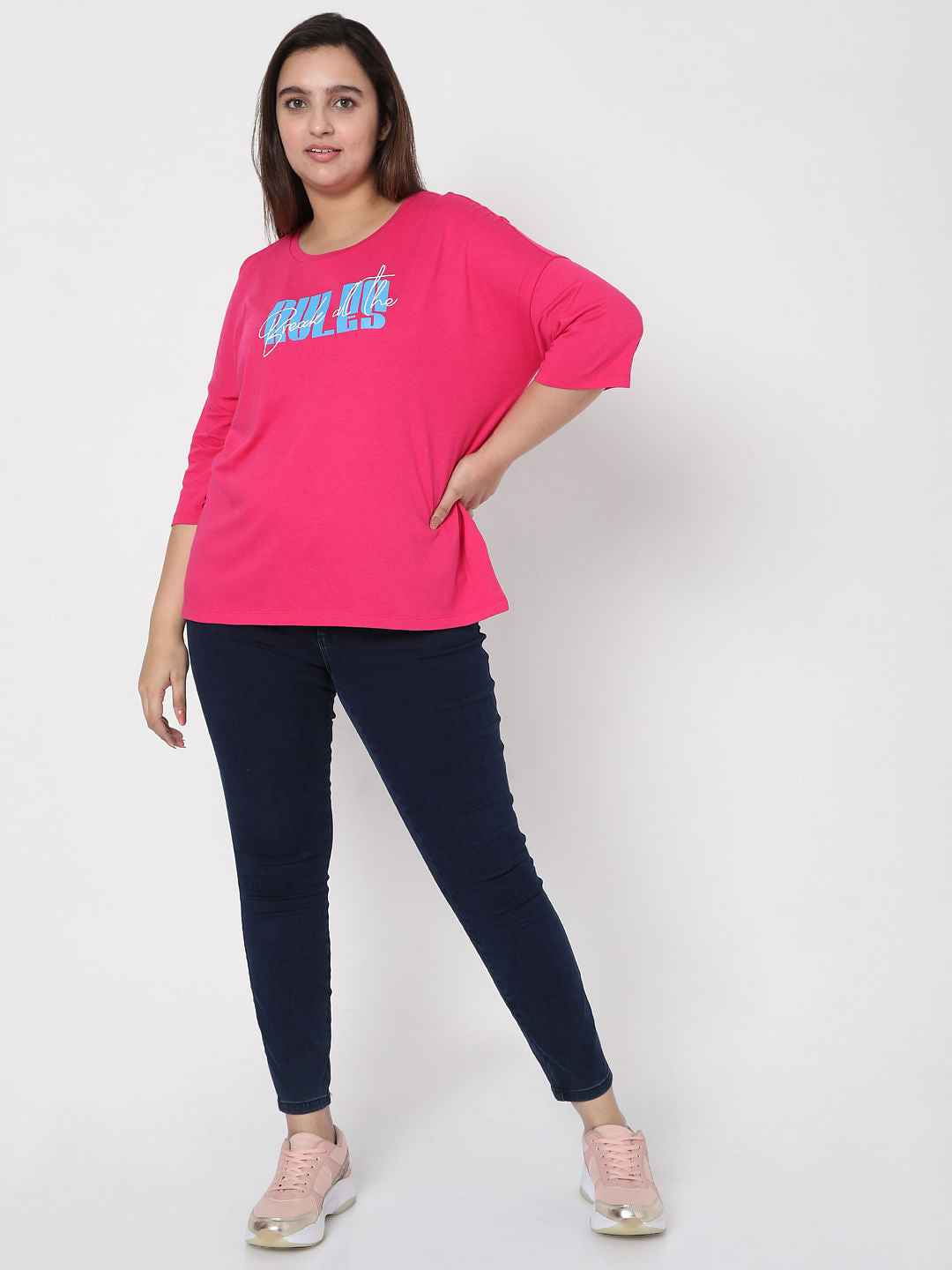 Curve Pink Slogan Print T-Shirt