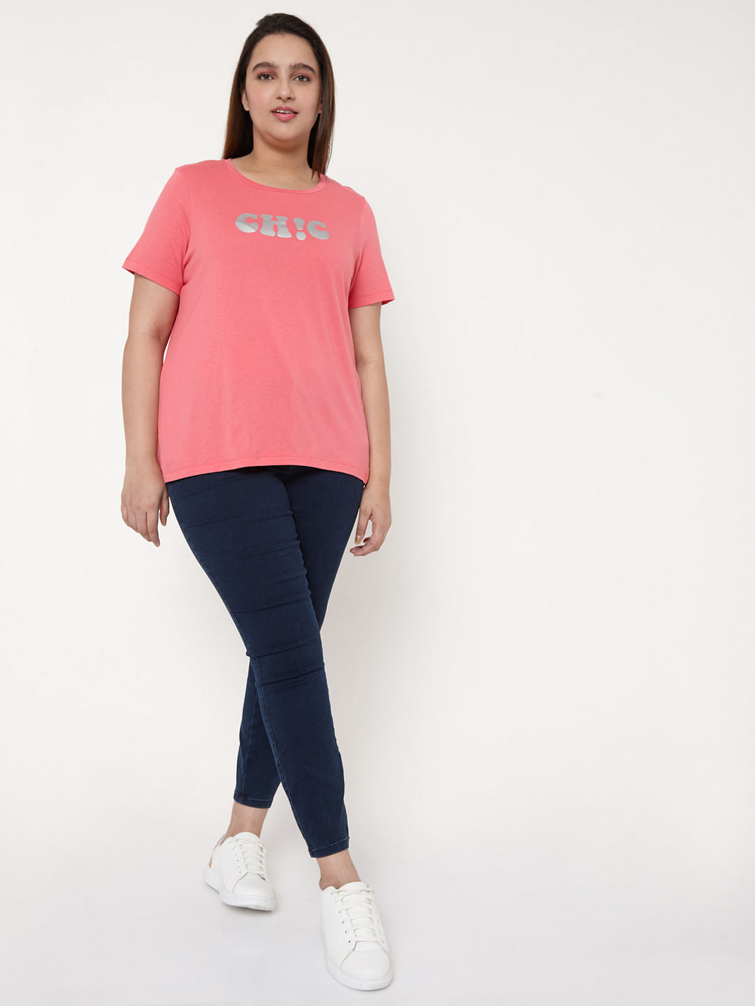 Curve Pink Slogan Print T-Shirt