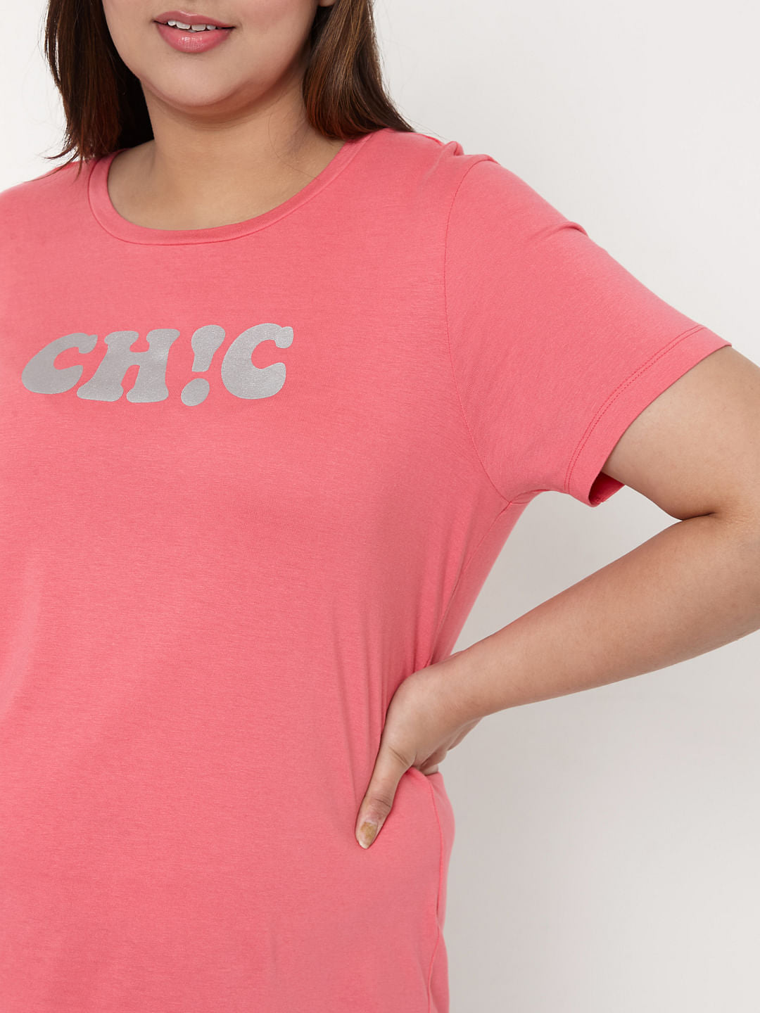 Curve Pink Slogan Print T-Shirt