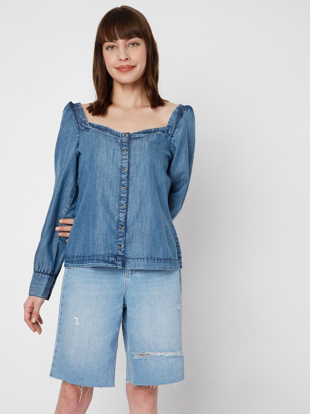 Blue Denim Puff Sleeves Top