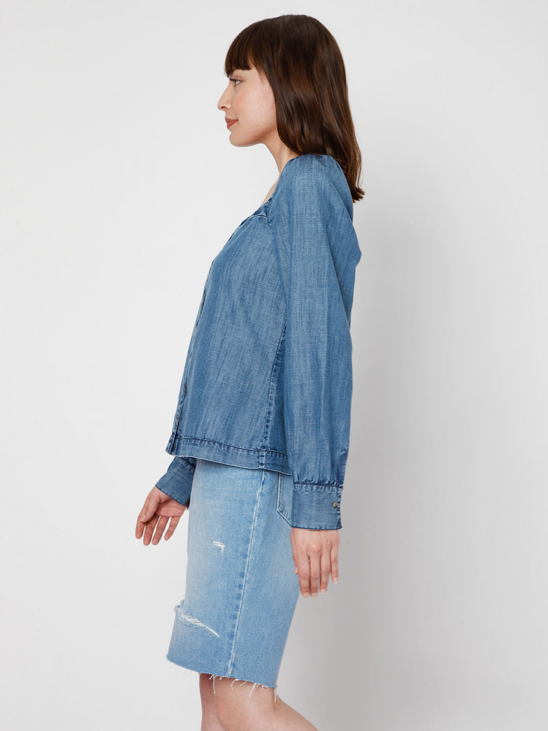 Blue Denim Puff Sleeves Top