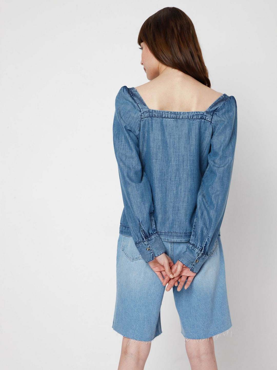 Blue Denim Puff Sleeves Top