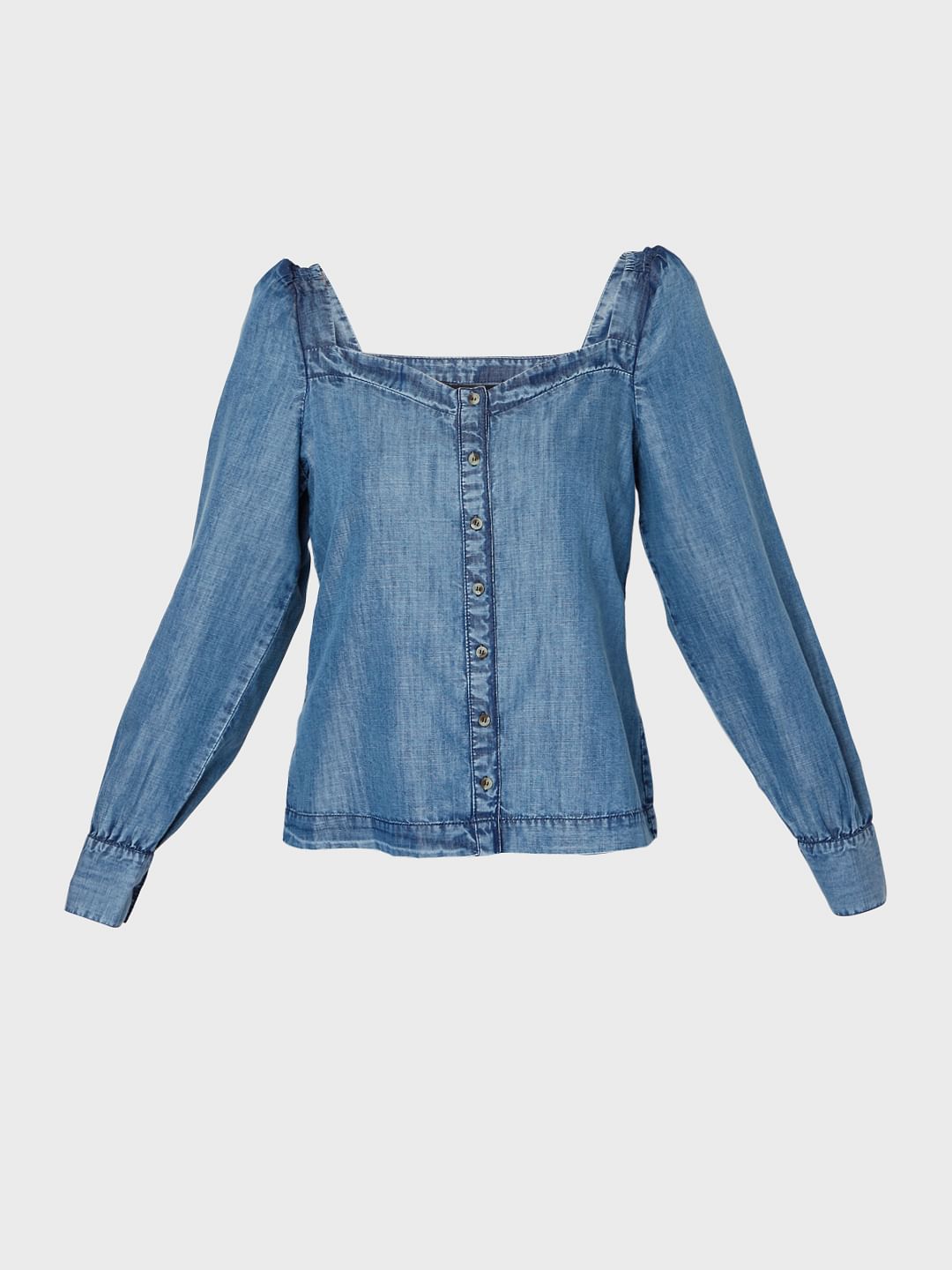 Blue Denim Puff Sleeves Top