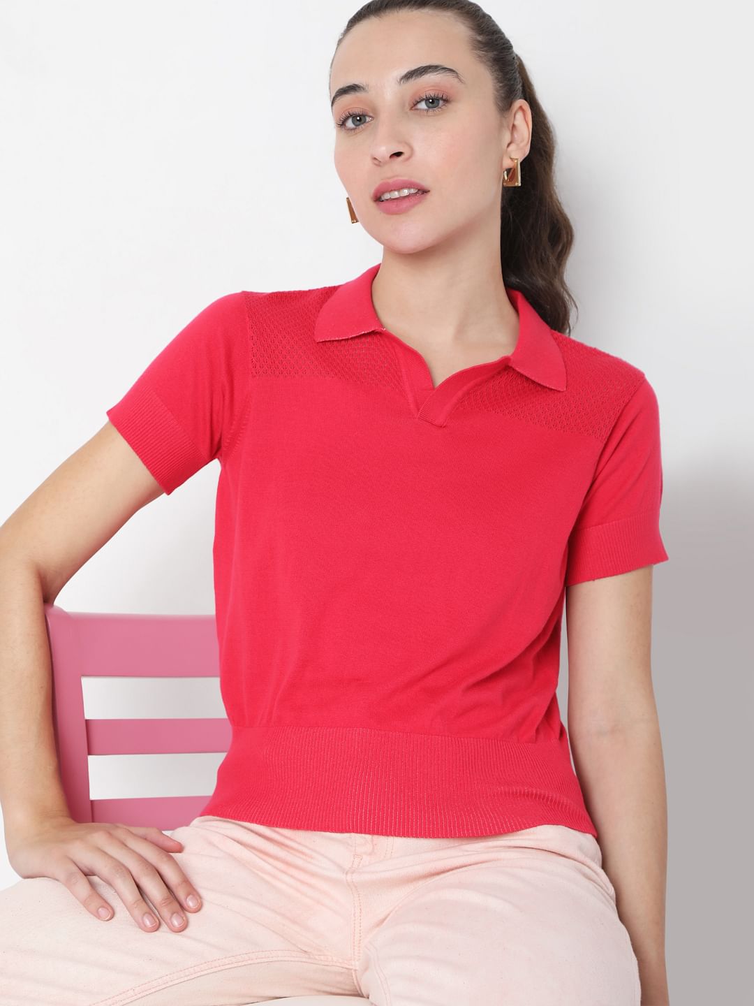 Bright Pink Polo Neck T-Shirt