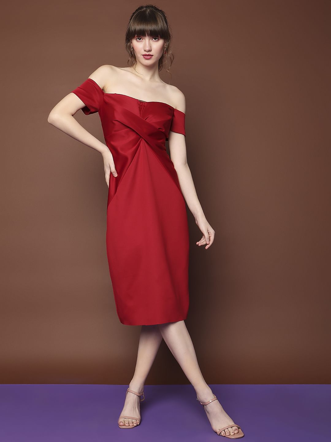 Marquee Red Off-Shoulder Drape Dress