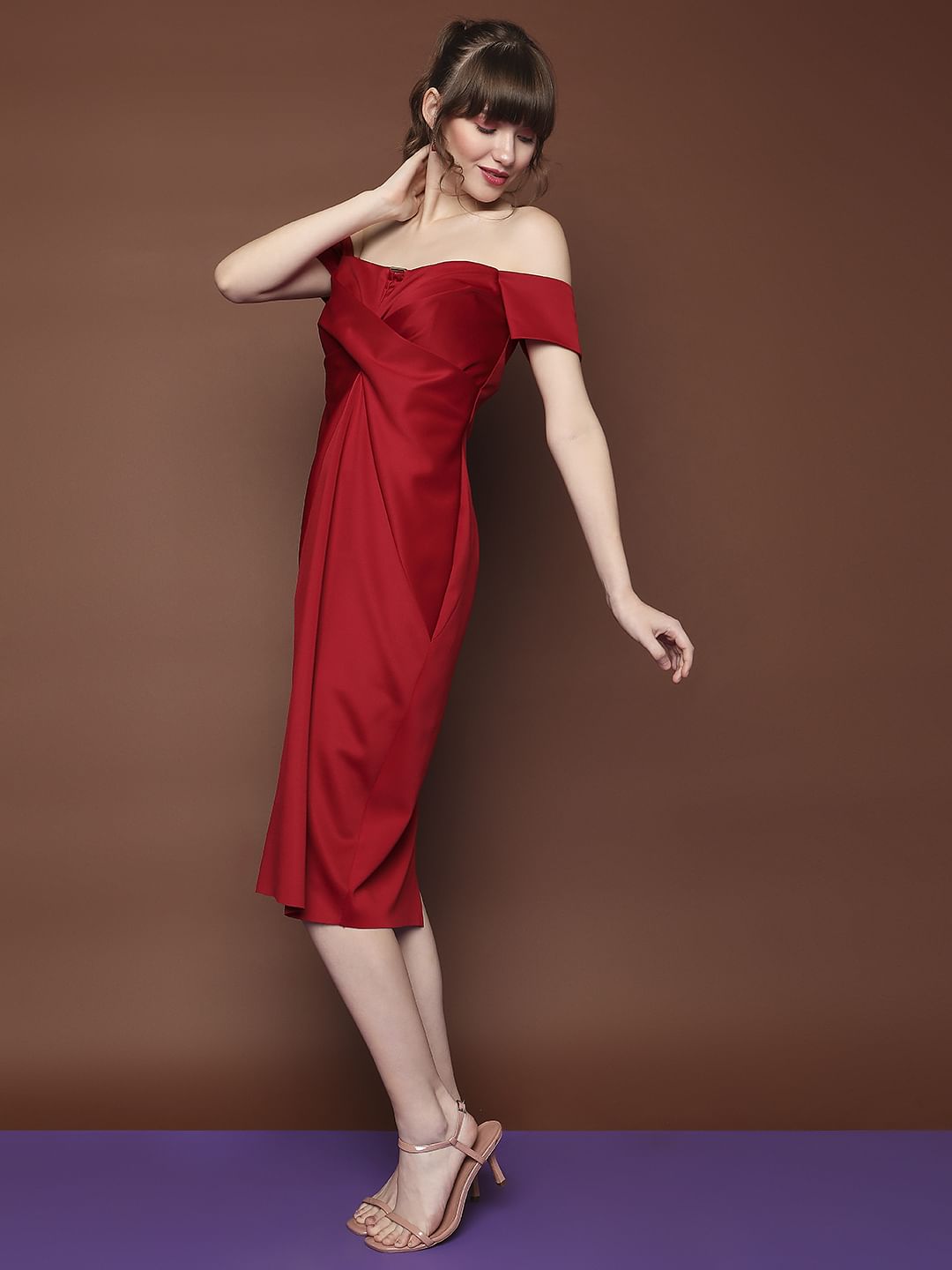 Marquee Red Off-Shoulder Drape Dress