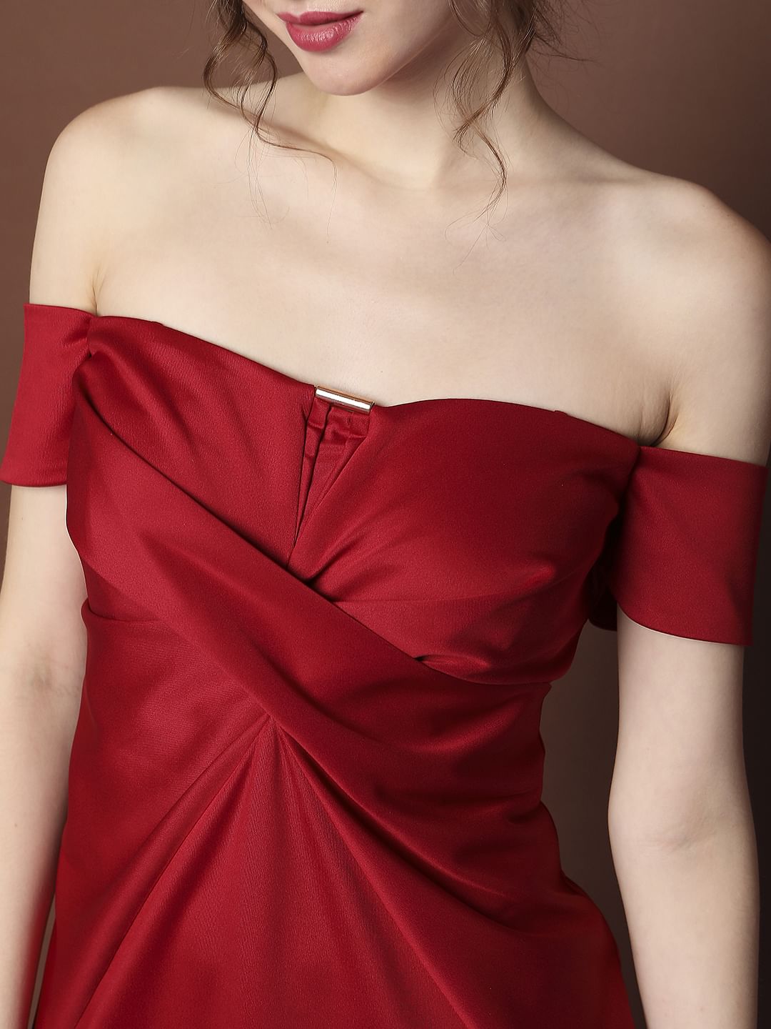 Marquee Red Off-Shoulder Drape Dress