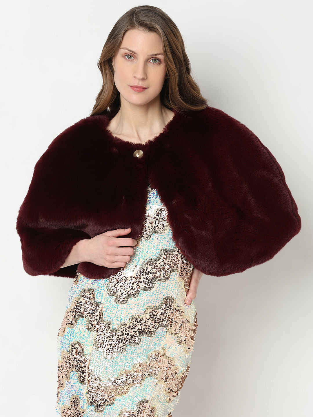 Wine Faux Fur Cropped Cape
