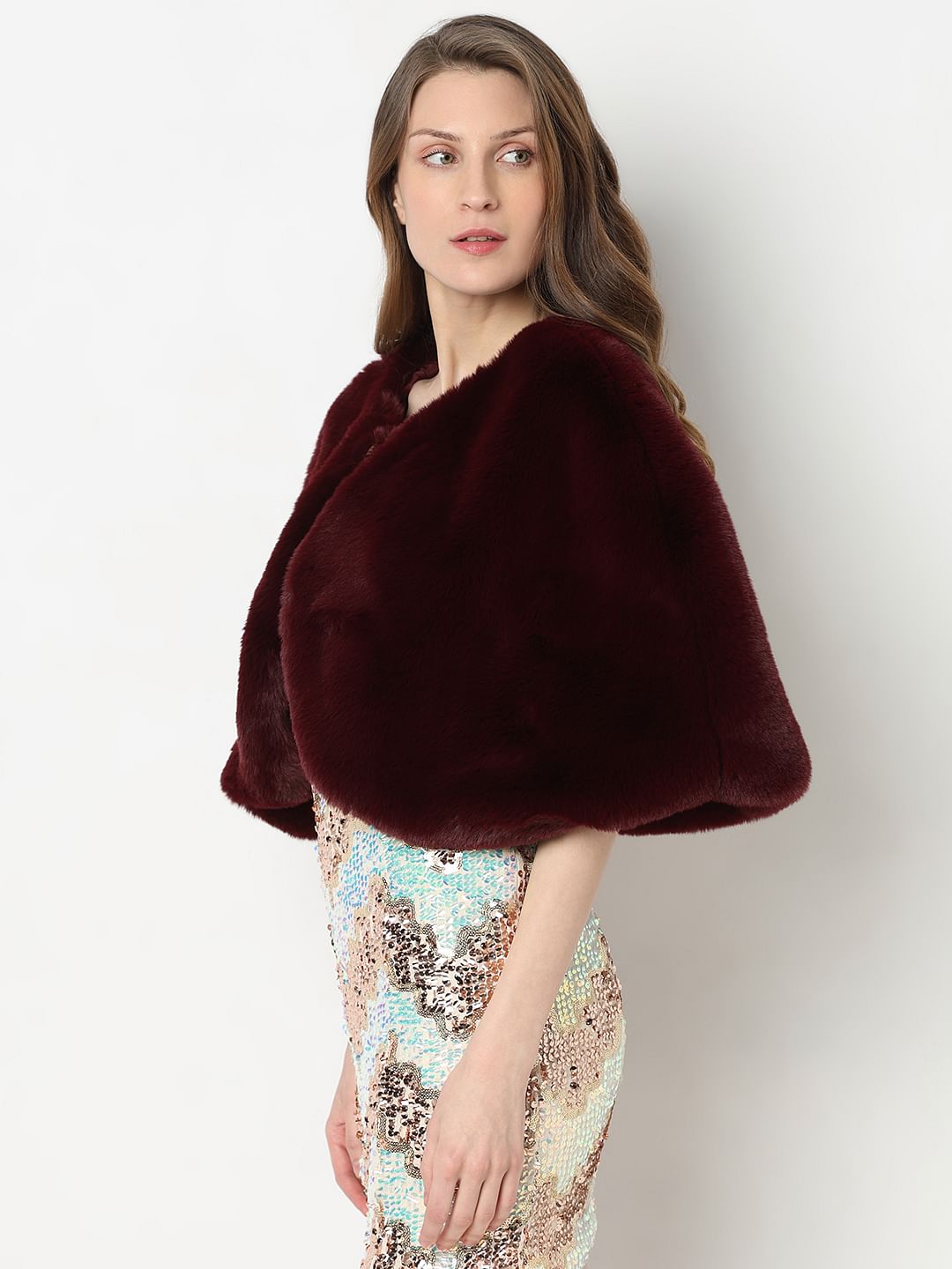 Wine Faux Fur Cropped Cape