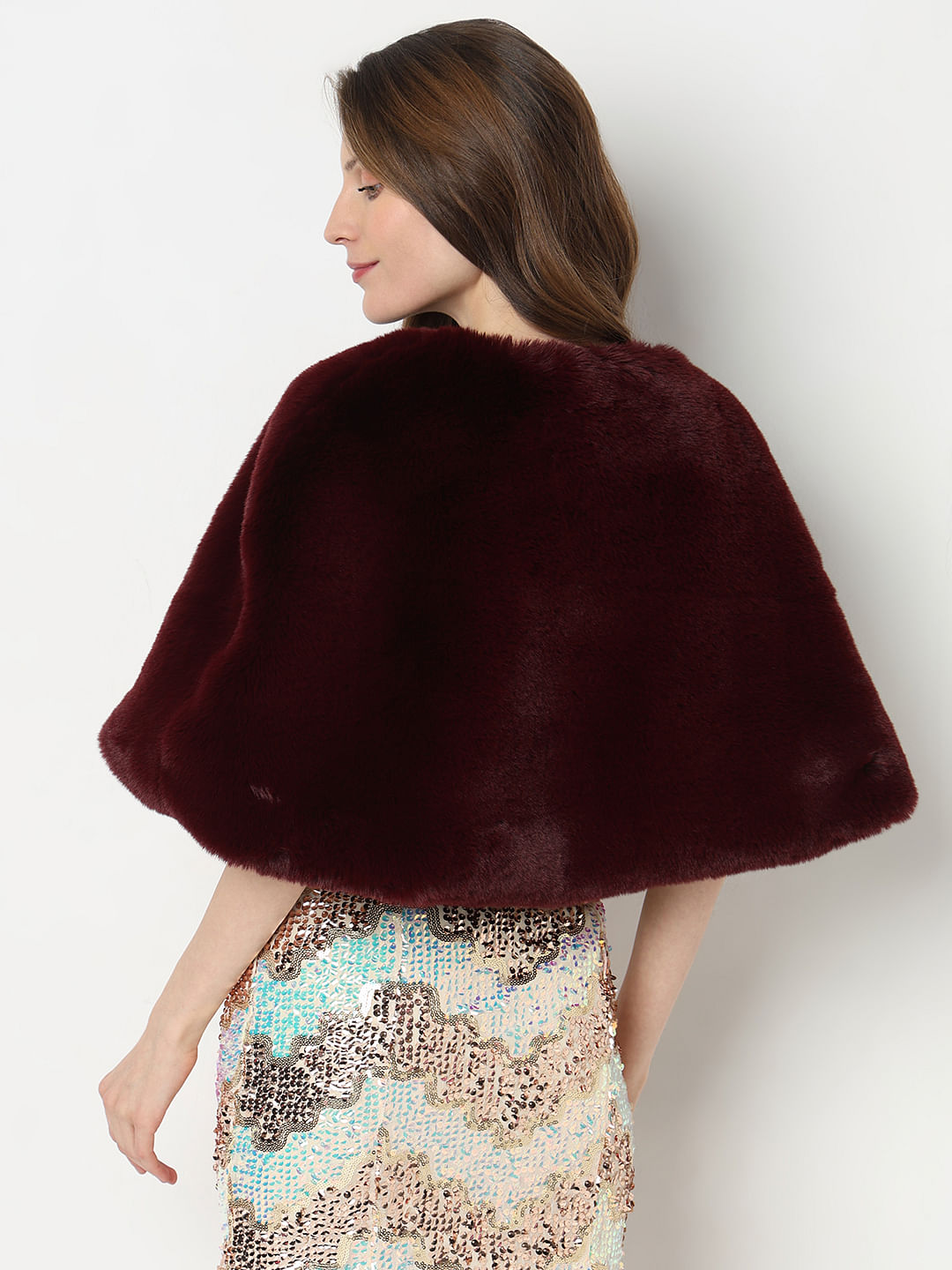 Wine Faux Fur Cropped Cape