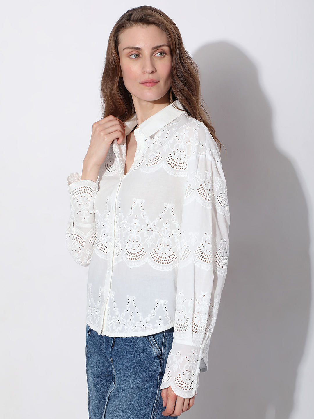White Schiffli Embroidered Shirt