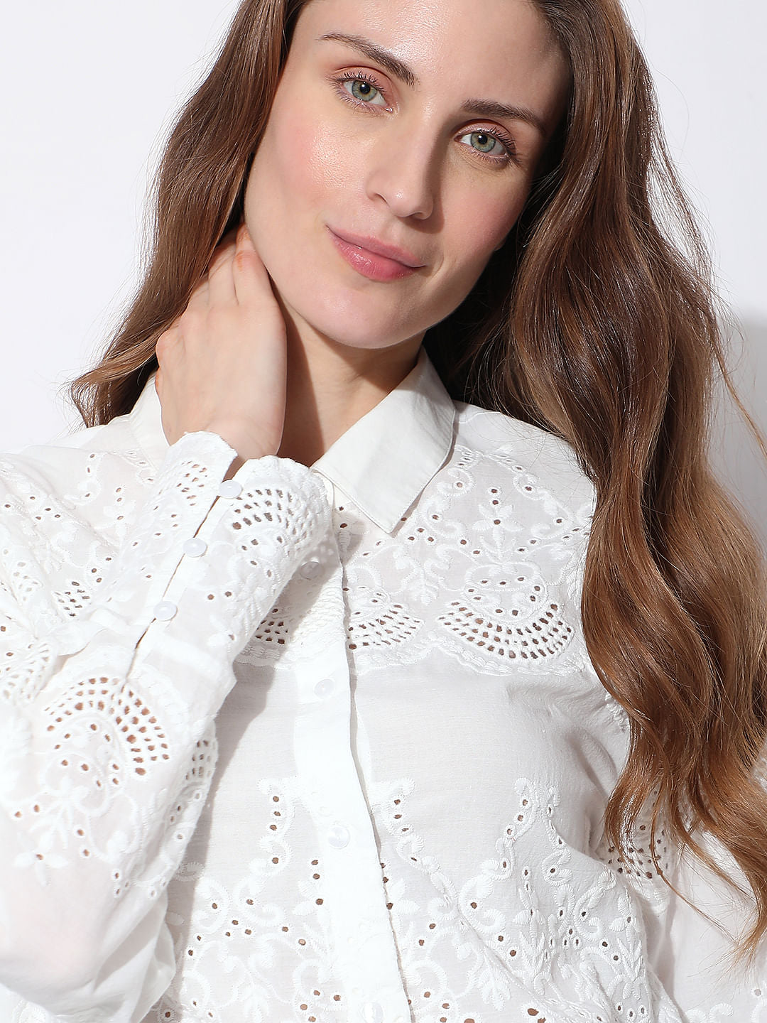 White Schiffli Embroidered Shirt