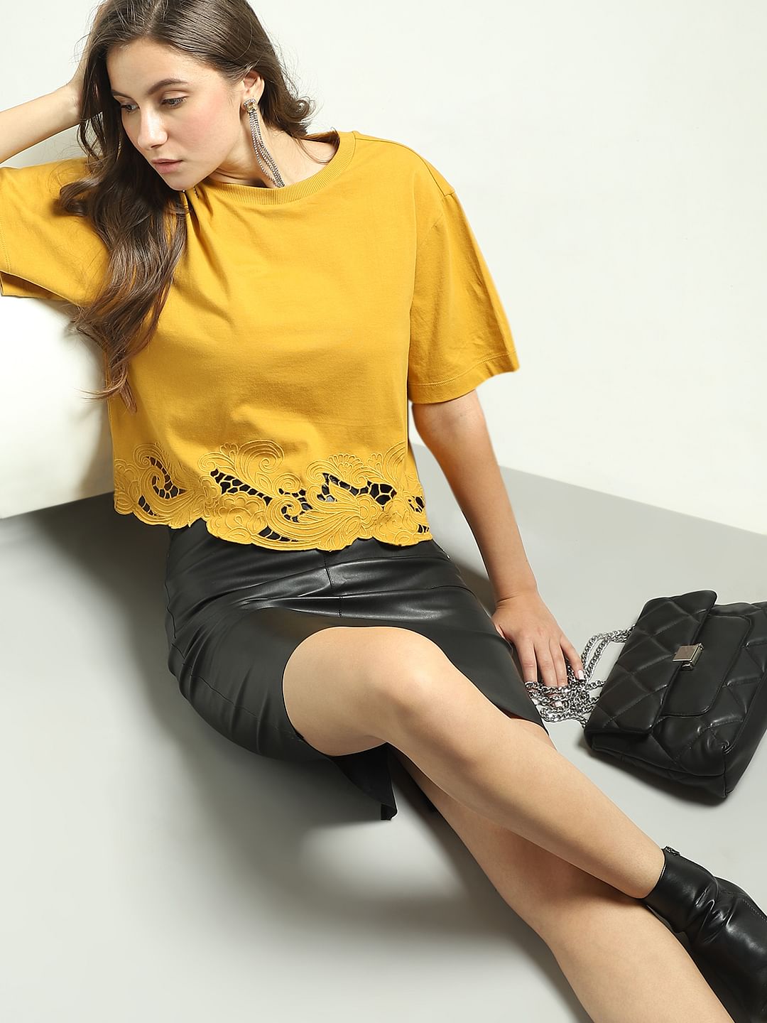 Mustard Lace Detail T-Shirt