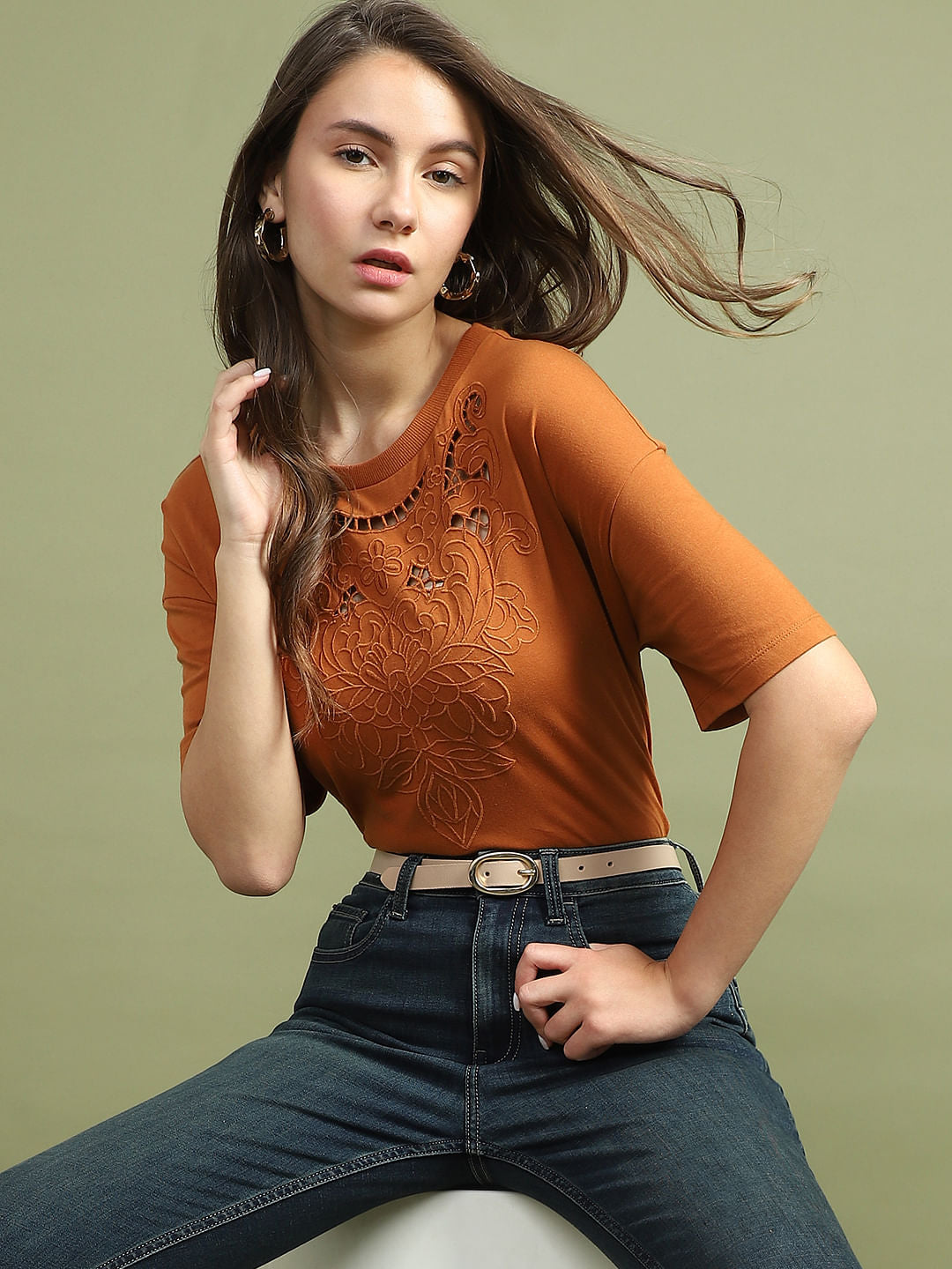 Brown Lace Detail T-Shirt