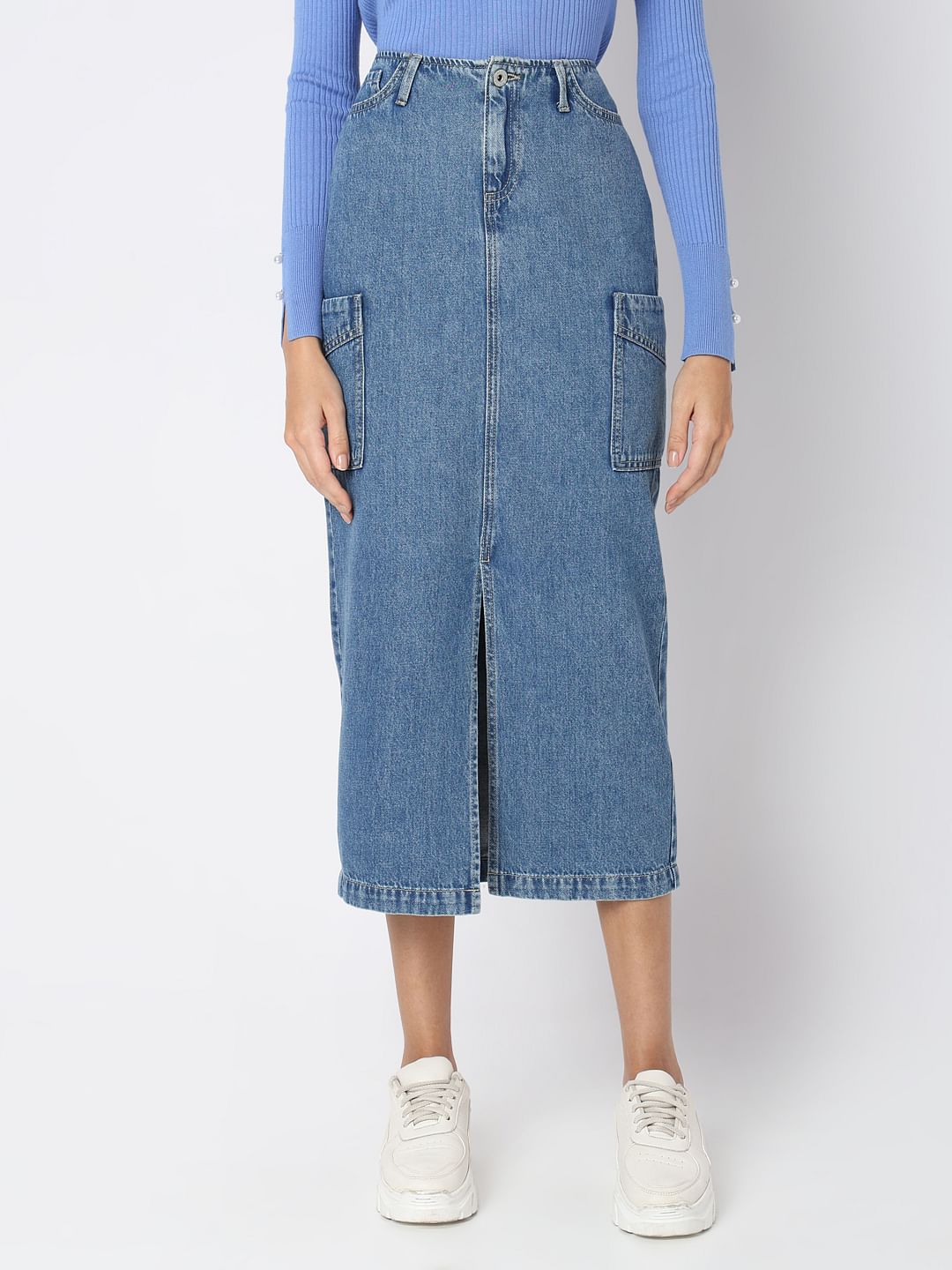 Blue High Rise Cargo Denim Skirt
