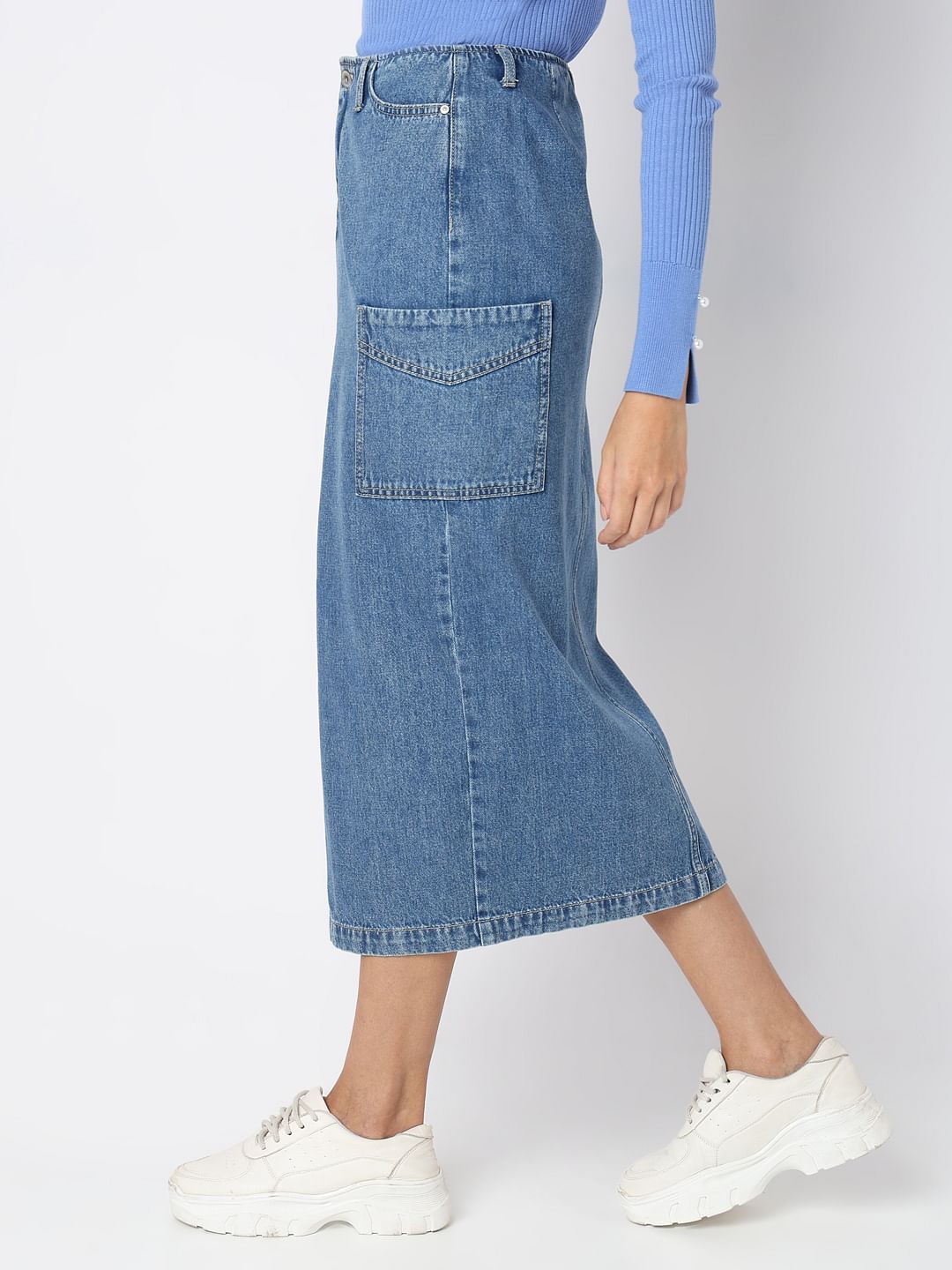 Blue High Rise Cargo Denim Skirt
