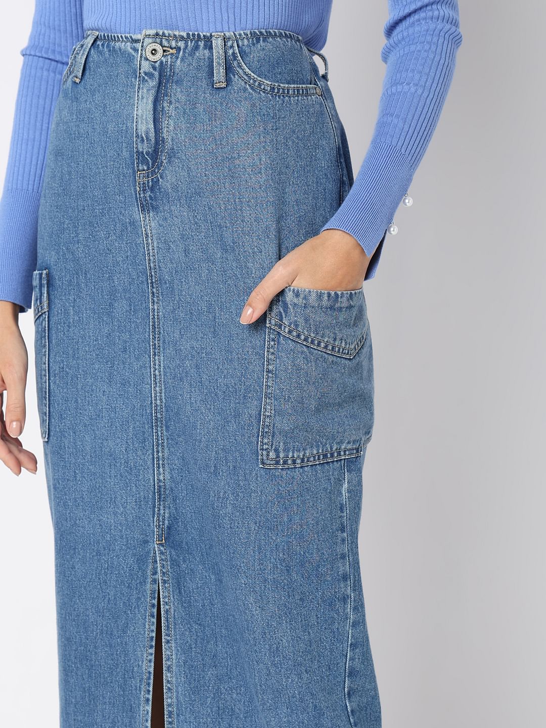 Blue High Rise Cargo Denim Skirt