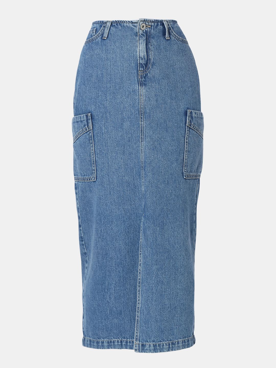 Blue High Rise Cargo Denim Skirt