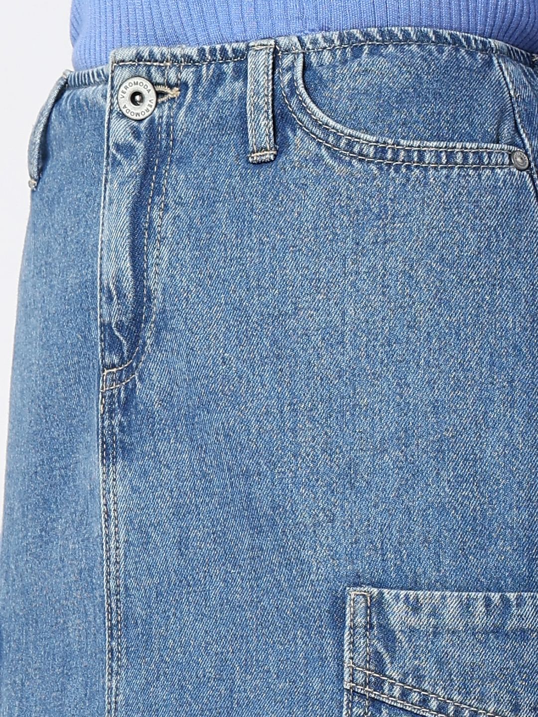 Blue High Rise Cargo Denim Skirt